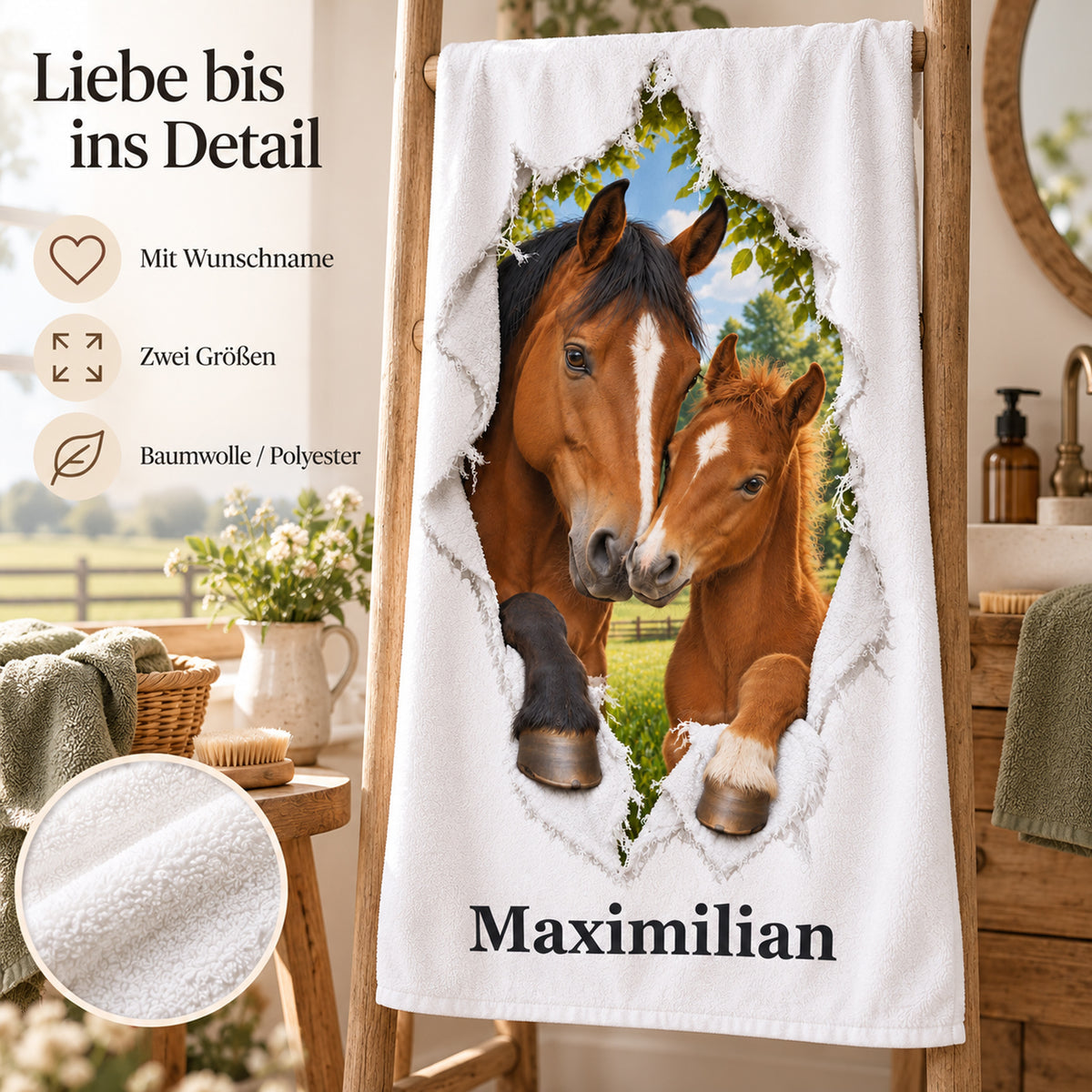 Handtuch mit Stute und Fohlen, Wunschname und Angaben zu zwei Größen und Material
