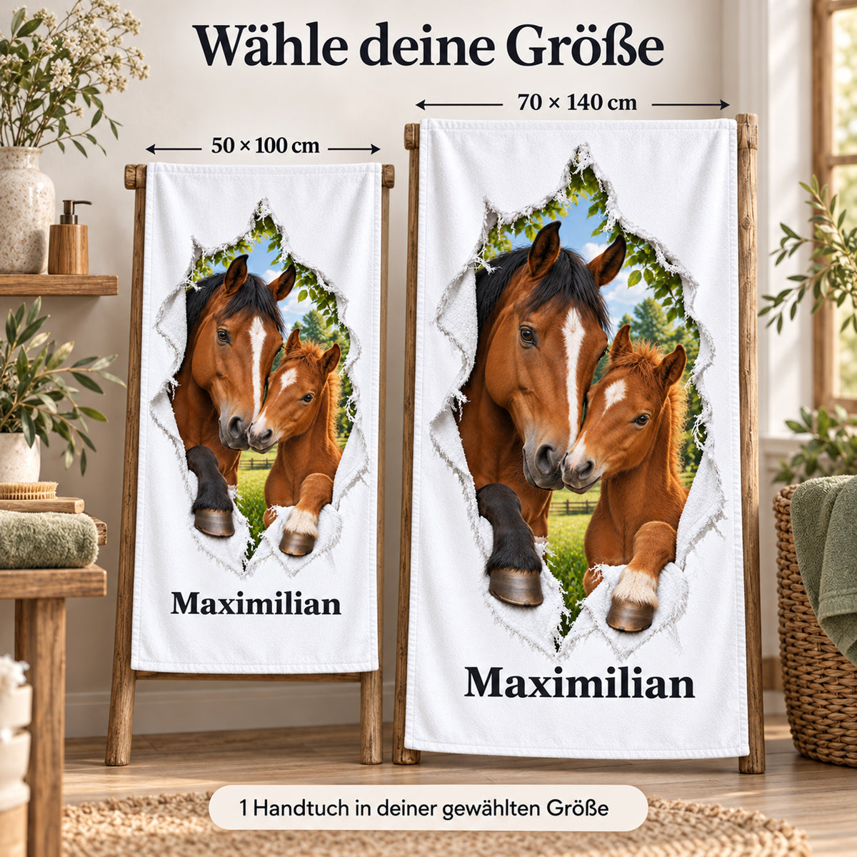 Handtuch mit Stute und Fohlen in den Größen 50 × 100 cm und 70 × 140 cm