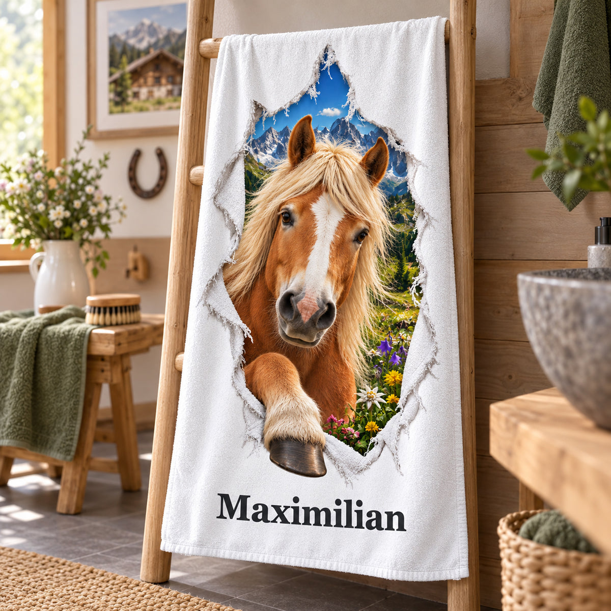 Pferde-Handtuch mit Haflinger und Wunschname an einer Holzleiter
