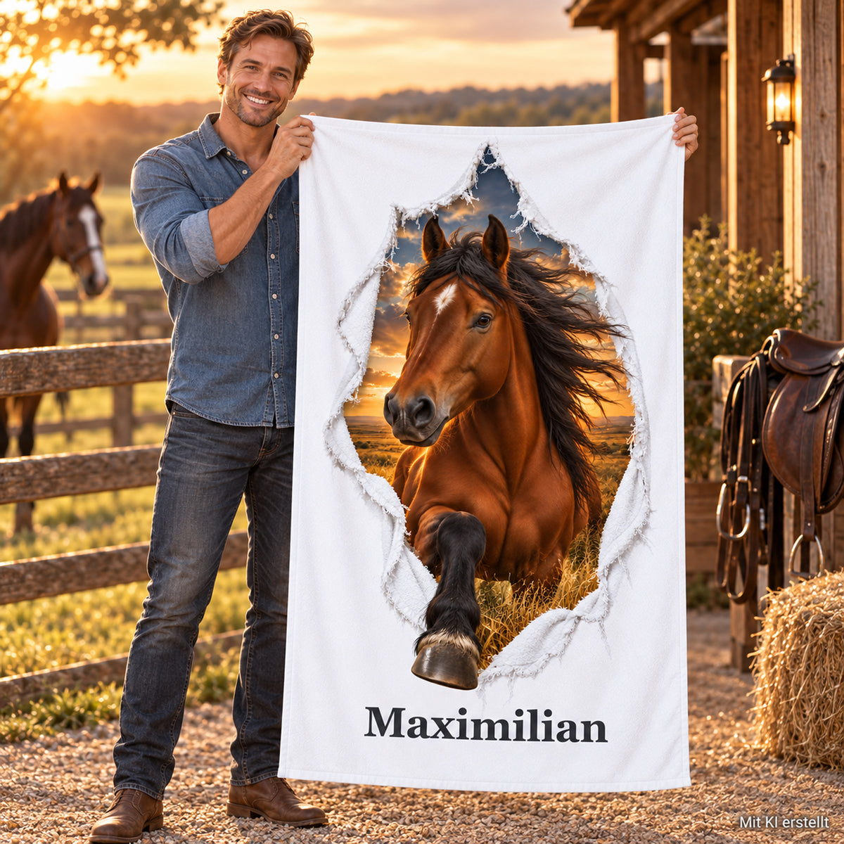 Person hält ein personalisiertes Pferde-Handtuch mit Mustang in einer Reitszene