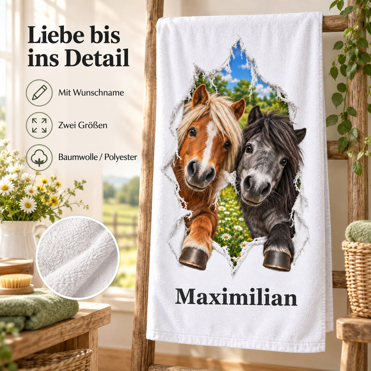 Handtuch mit zwei Ponys, Wunschname und Angaben zu zwei Größen und Material