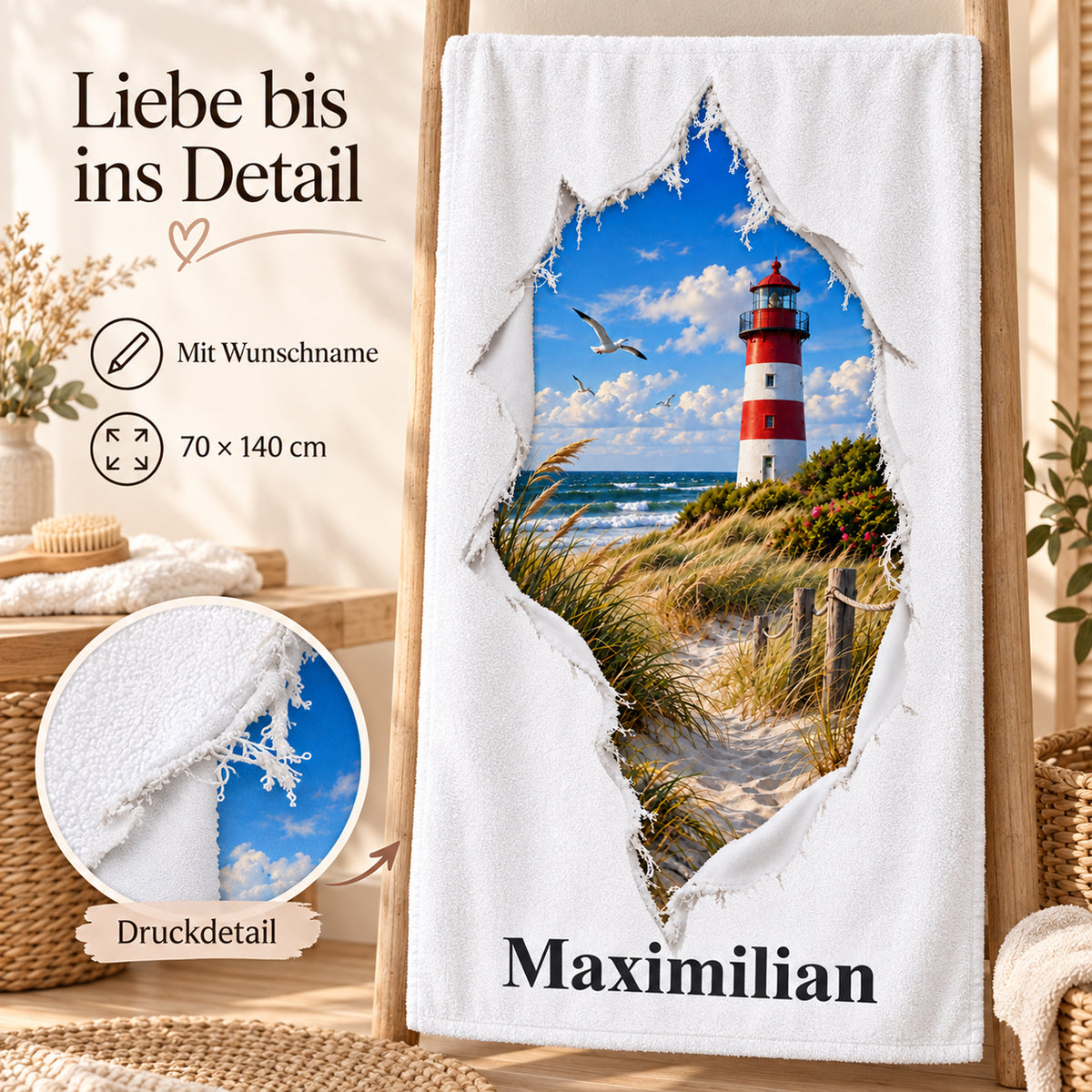 Handtuch mit Ostsee-Leuchtturm in Rissoptik und Wunschname, mit Druckdetail und Größenangabe