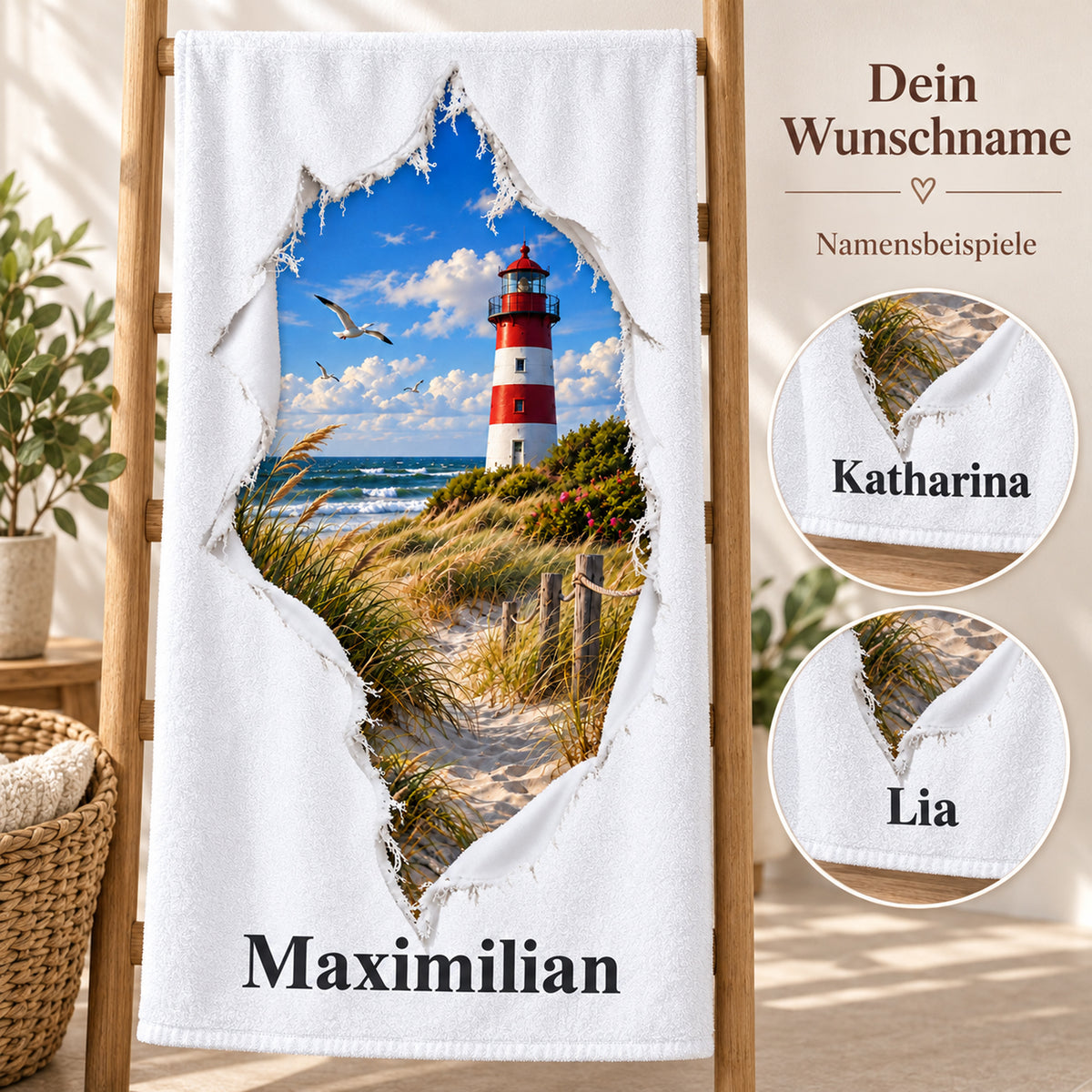 Handtuch mit Ostsee-Leuchtturm in Rissoptik und Wunschname, mit kreisförmigen Namensdetails