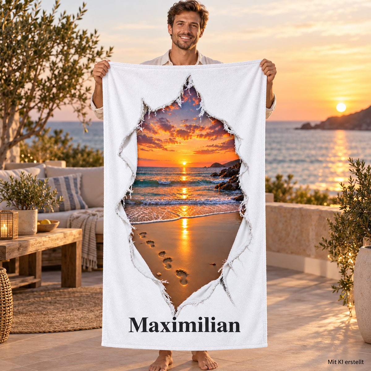 Handtuch mit Sonnenuntergang am Meer in Rissoptik und Wunschname, von einer Person im Urlaub gezeigt
