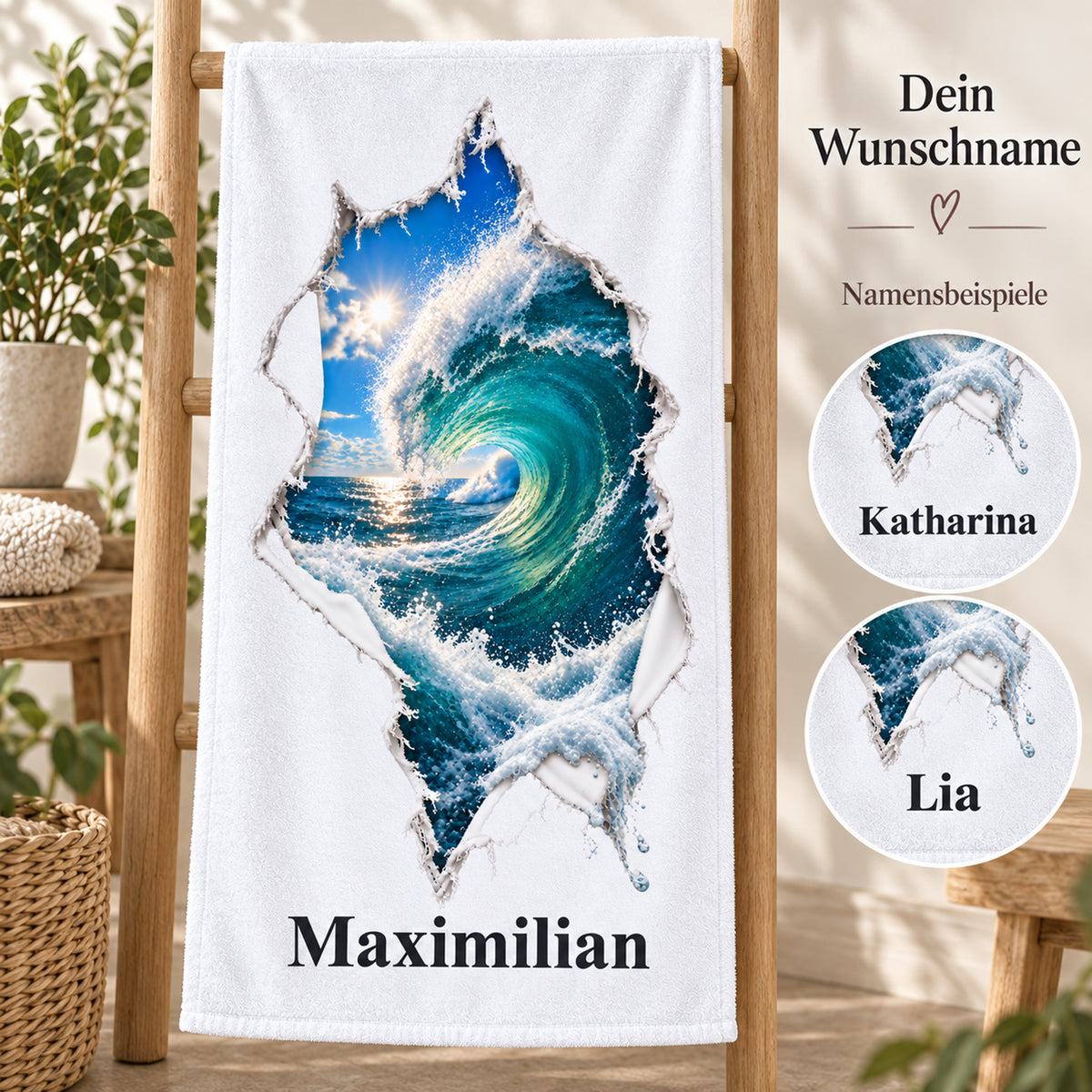 Handtuch mit Surfwelle in Rissoptik und Wunschname, mit kreisförmigen Namensdetails