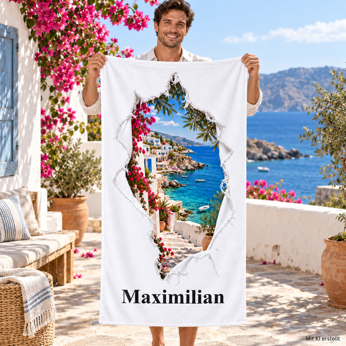 Handtuch mit mediterraner Bucht in Rissoptik und Wunschname, von einer Person im Urlaub gezeigt