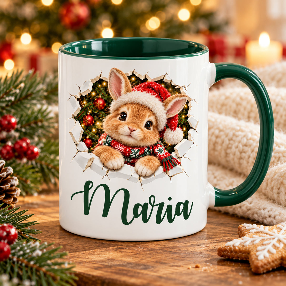 Personalisierte Weihnachtstasse mit Hase-Motiv und grünem Henkel in einer weihnachtlichen Wohnszene