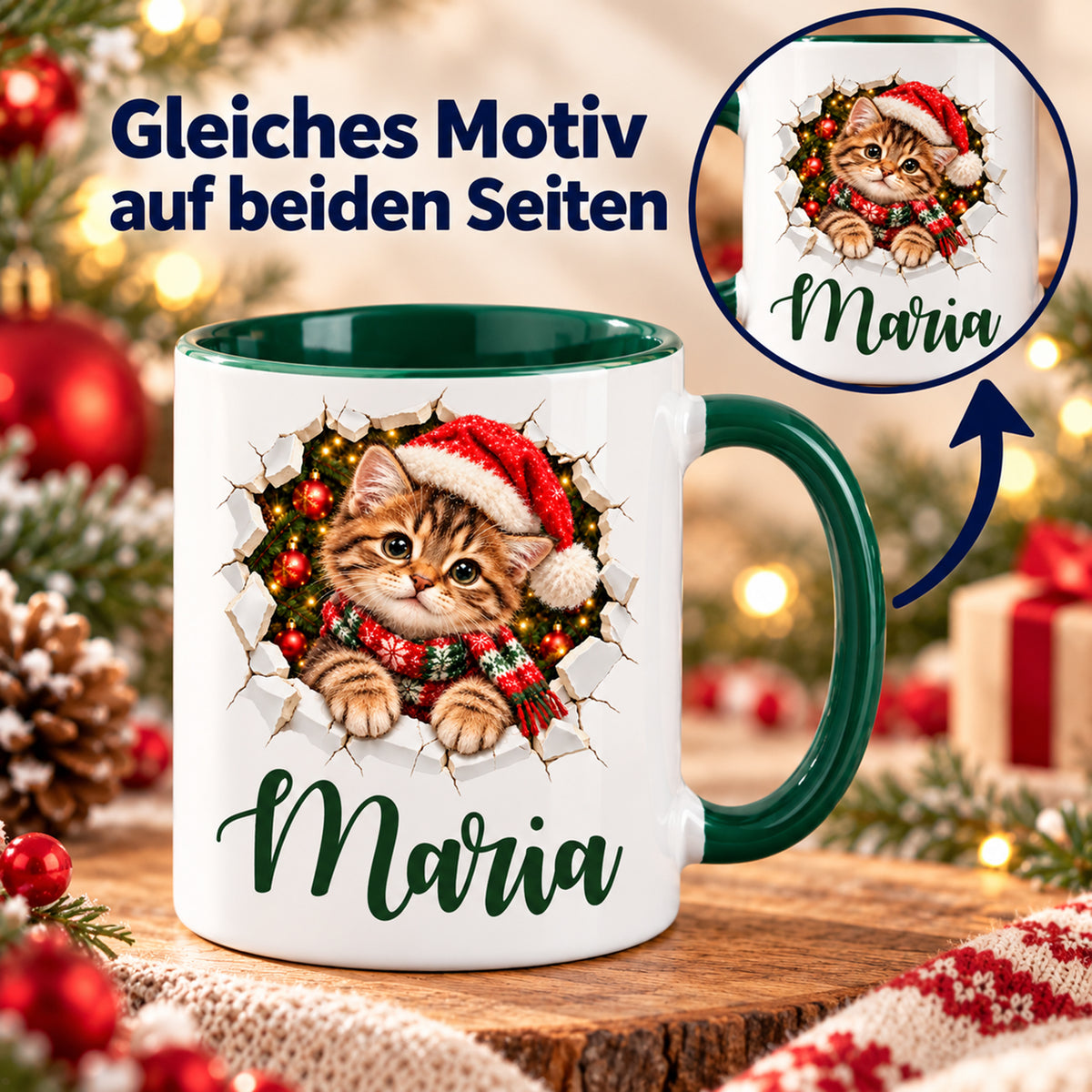 Zwei Ansichten der Tasse zeigen auf beiden Seiten dasselbe weihnachtliche Katze-Motiv und denselben Wunschnamen
