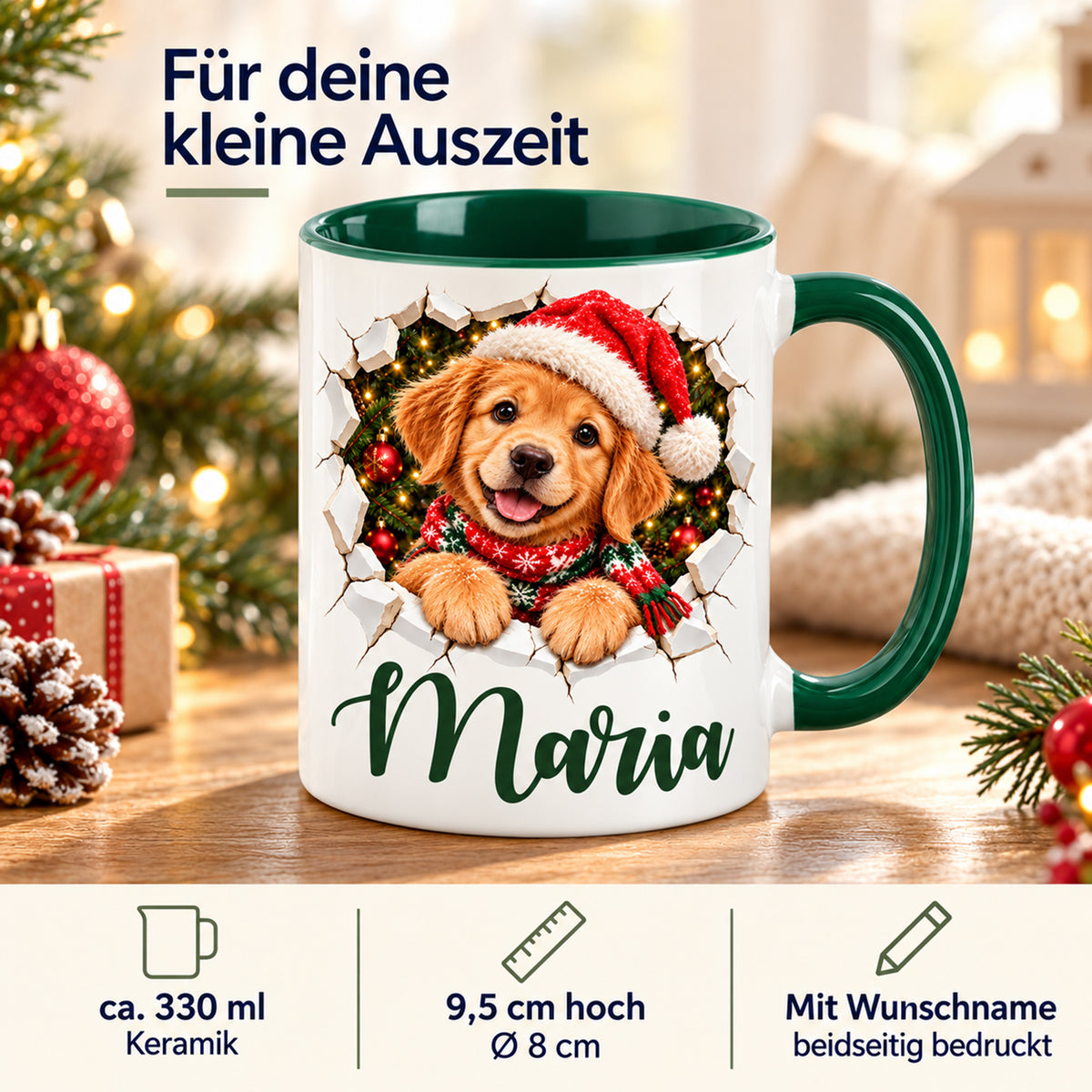 Produktdetails der personalisierten Keramiktasse mit Hund-Motiv, grünem Henkel und ca. 330 ml Inhalt
