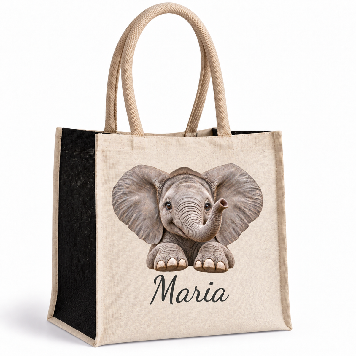 Personalisierte Einkaufstasche mit Elefant-Motiv, Wunschname und schwarzen Seiten