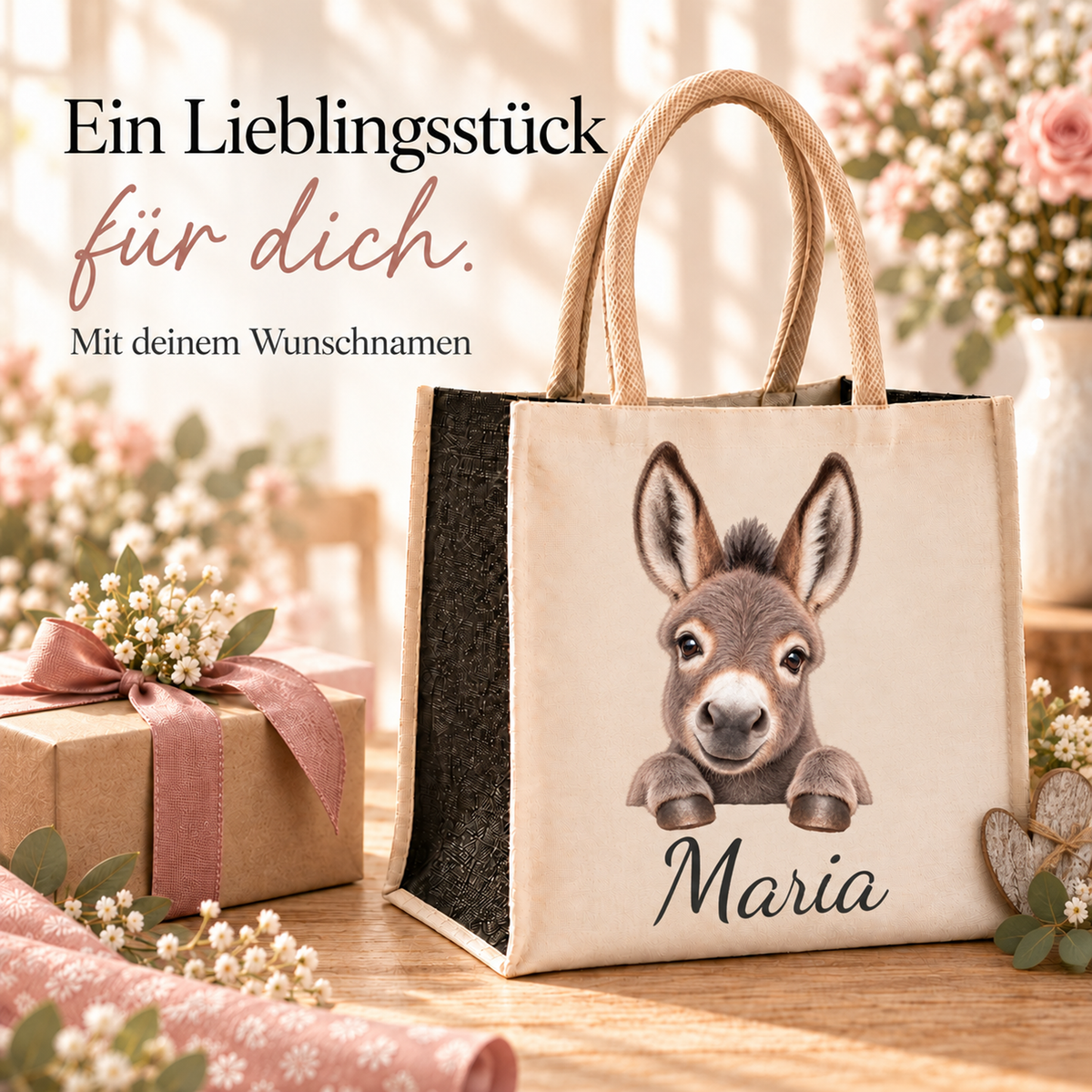 Personalisierte Einkaufstasche mit Esel-Motiv in einer Geschenkszene