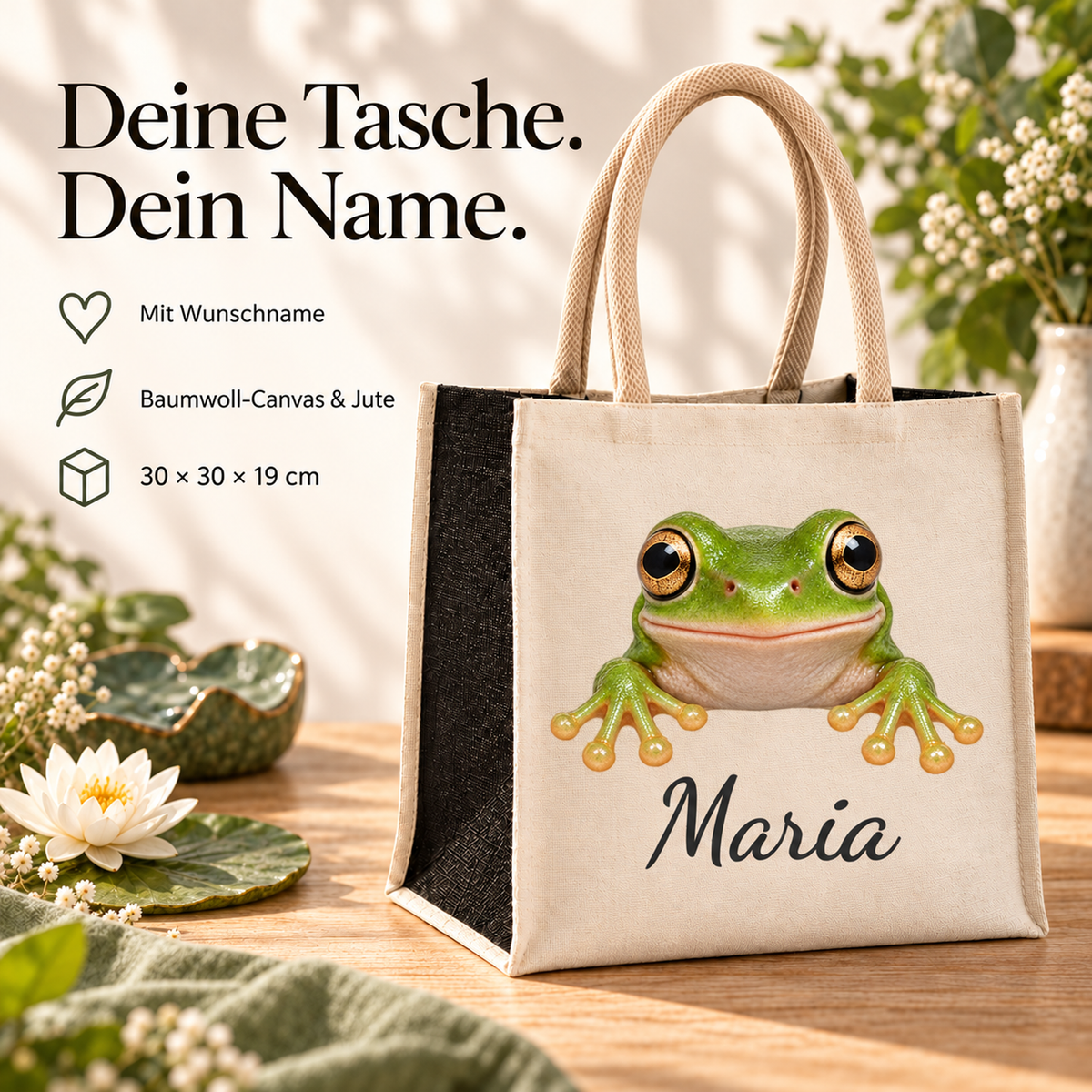 Einkaufstasche mit Frosch-Motiv, Wunschname und erklärten Produkteigenschaften