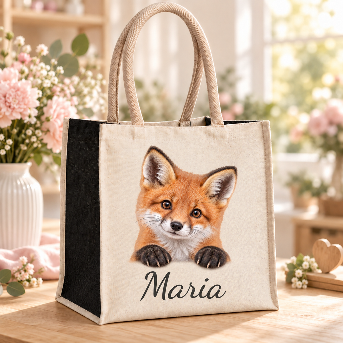 Einkaufstasche mit Fuchs-Motiv und Wunschname im Blumenatelier