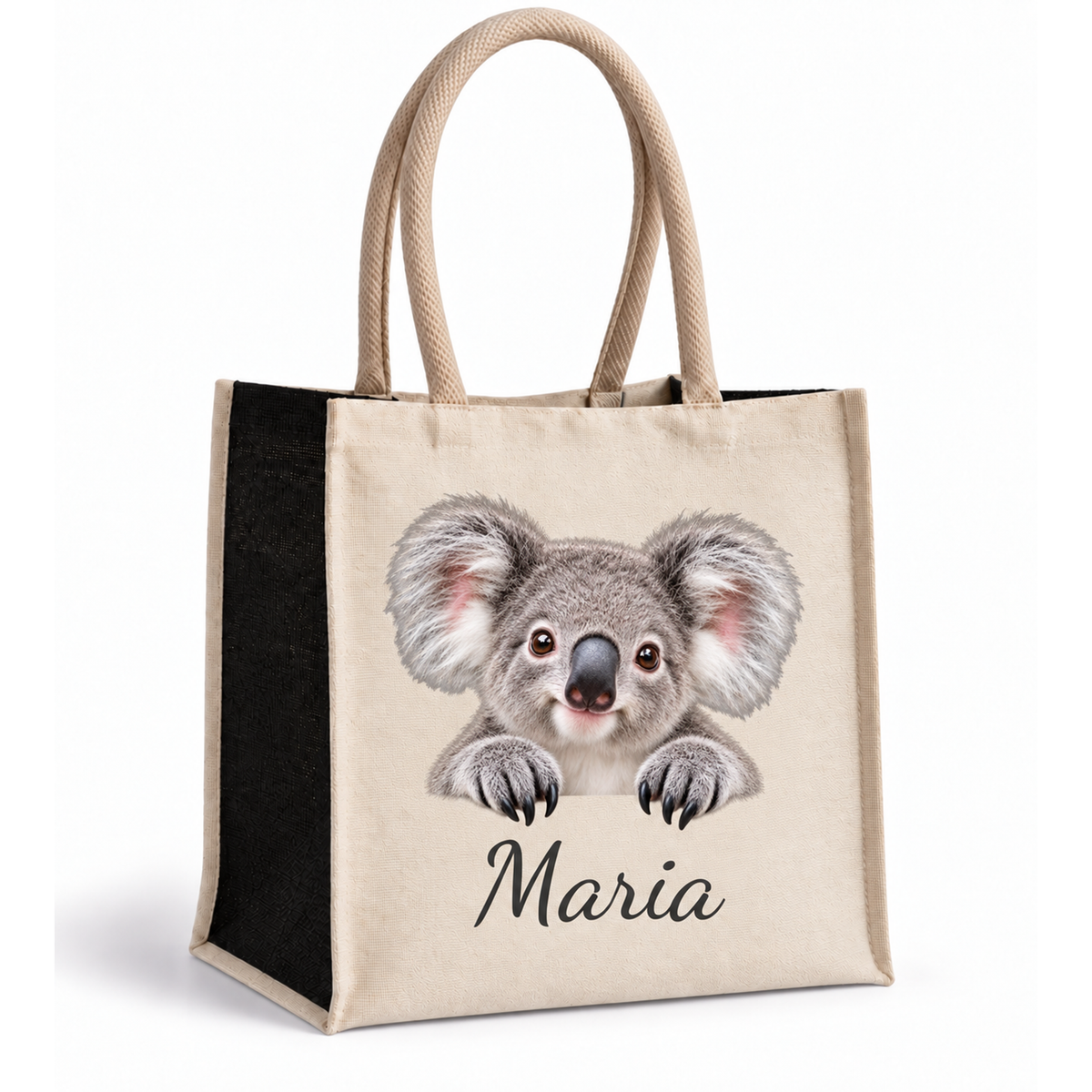 Personalisierte Einkaufstasche mit Koala-Motiv, Wunschname und schwarzen Seiten