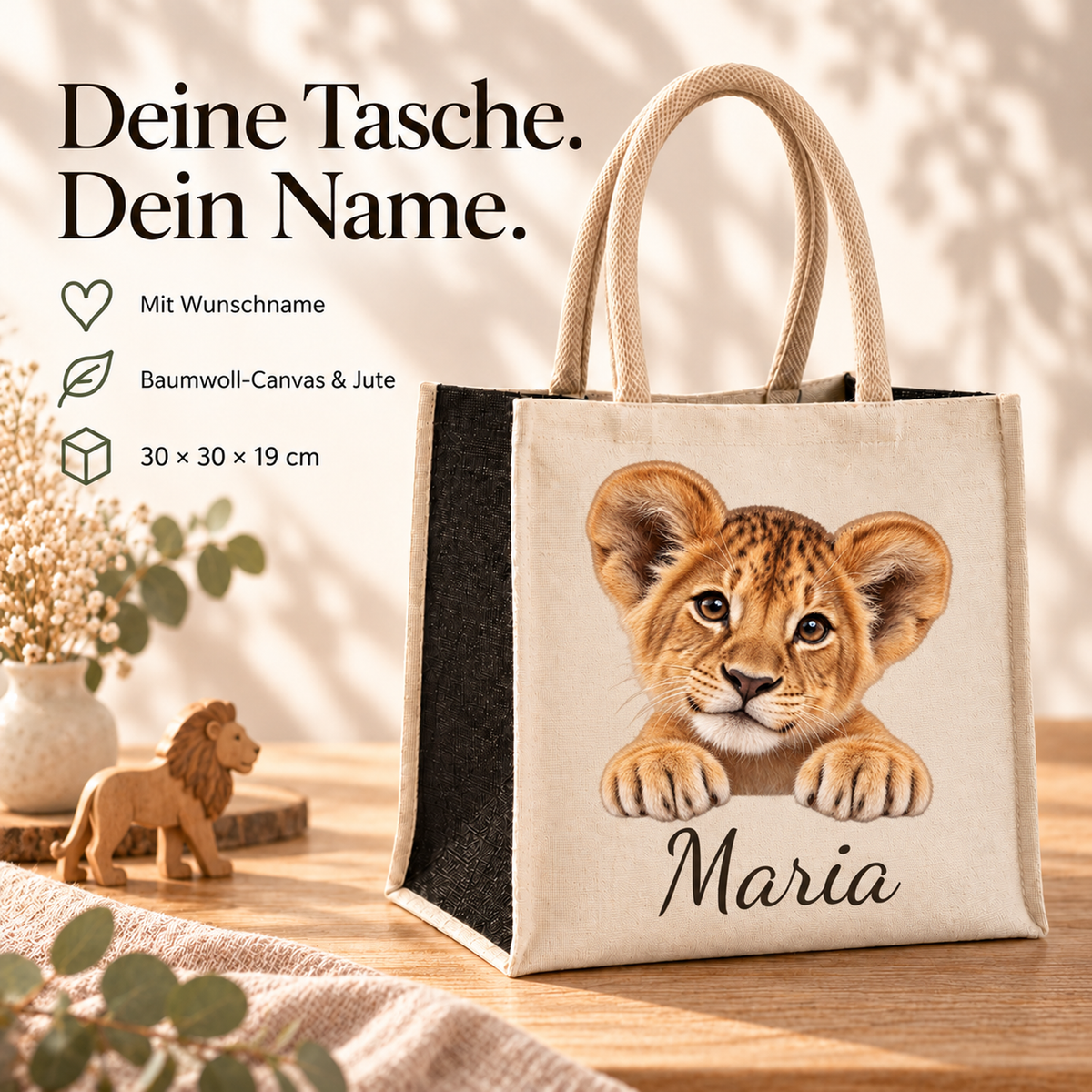 Einkaufstasche mit Löwe-Motiv, Wunschname und erklärten Produkteigenschaften