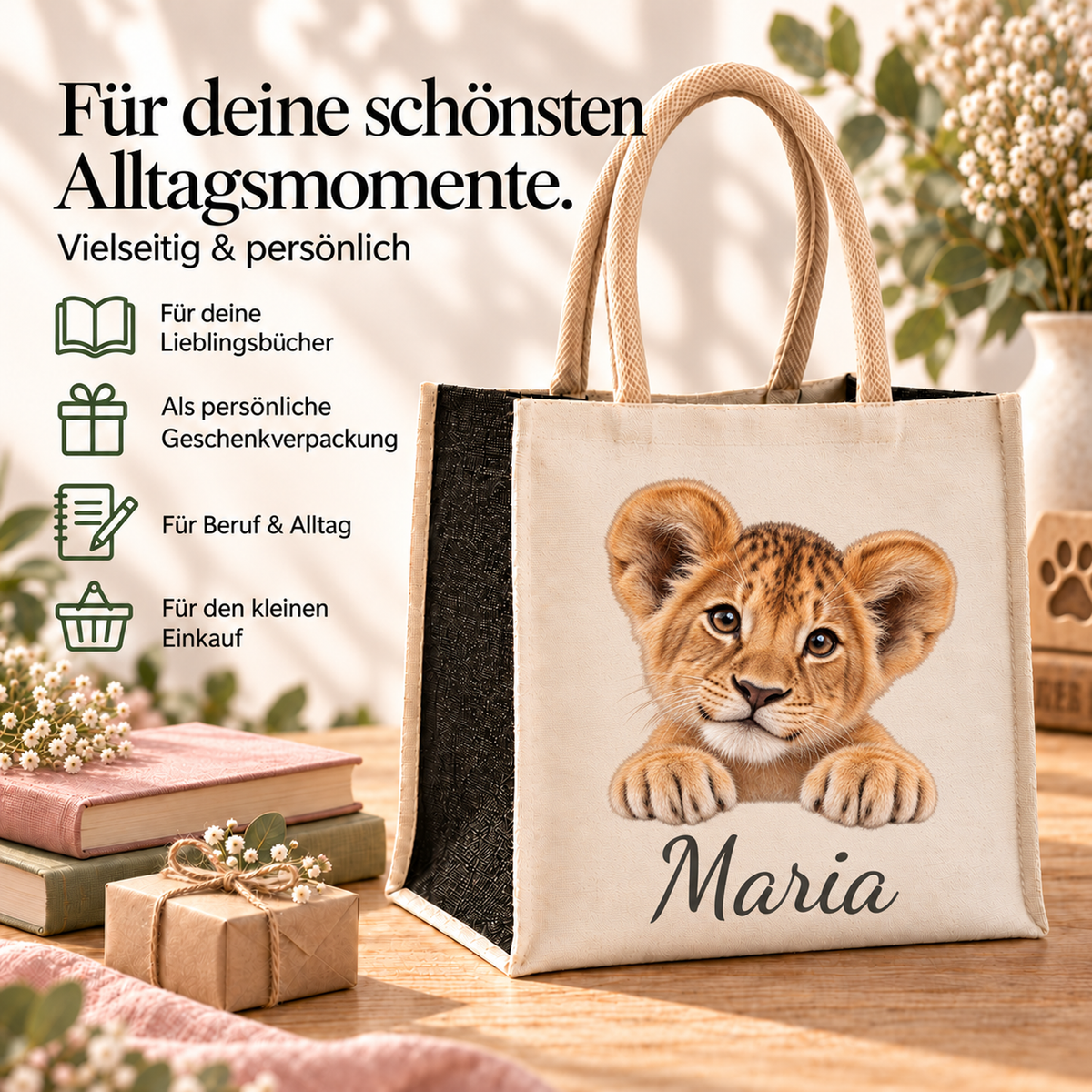 Personalisierte Einkaufstasche mit Löwe-Motiv in einer Alltagsszene