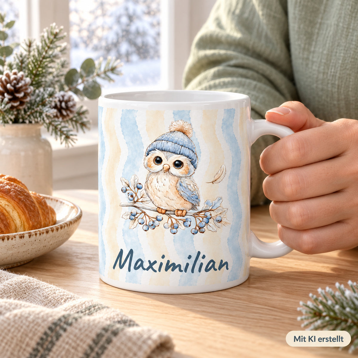 Tasse Eule mit Wunschname Maximilian – hands