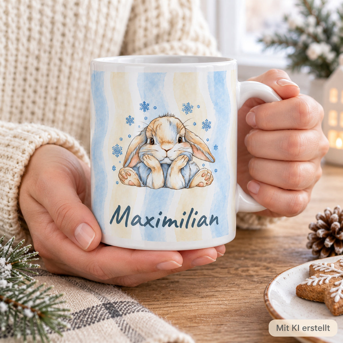 Personalisierte Wintertasse mit Hase – hands
