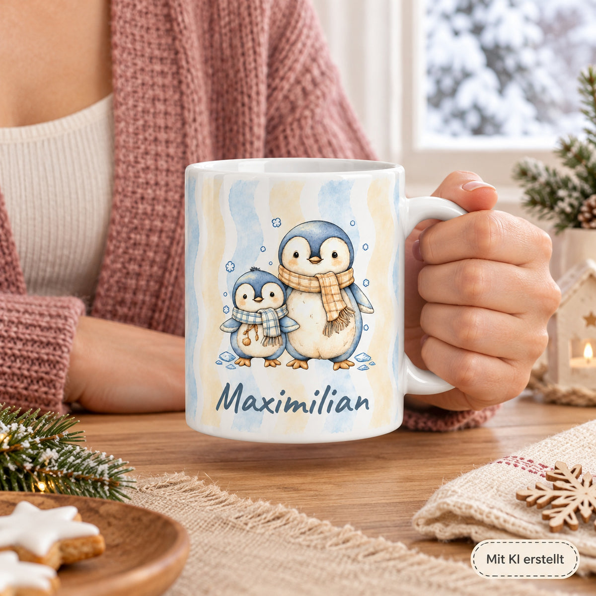 Tasse Pinguine mit Wunschname Maximilian – hands