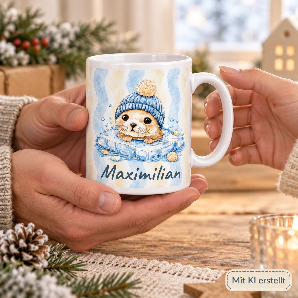 Tasse Robbe mit Wunschname Maximilian – hands