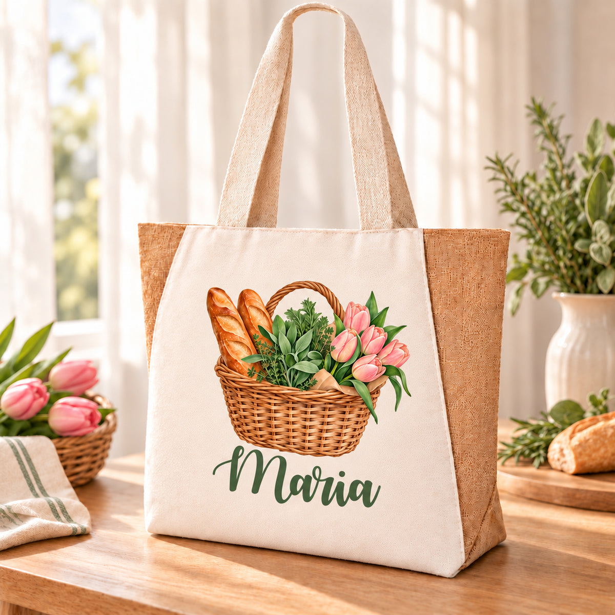 Shopper Sharma mit Tulpen, Kräuter & Baguette und Wunschname – Ansicht des Aquarell-Korbmotivs und des Beispielnamens Maria.