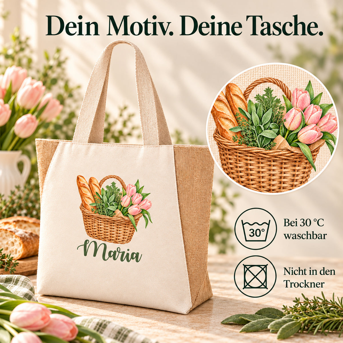 Shopper Sharma mit Tulpen, Kräuter & Baguette und Wunschname – Pflegehinweis: bei 30 °C waschbar, nicht im Trockner trocknen.