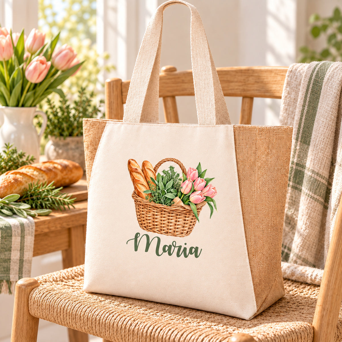 Shopper Sharma mit Tulpen, Kräuter & Baguette und Wunschname – Lifestyle-Ansicht der personalisierten Markttasche.