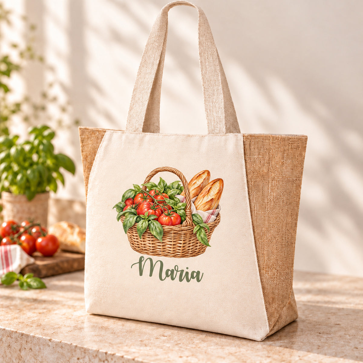 Shopper Sharma mit Tomaten, Basilikum & Baguette und Wunschname – Produktansicht mit personalisiertem Aquarell-Korbmotiv.
