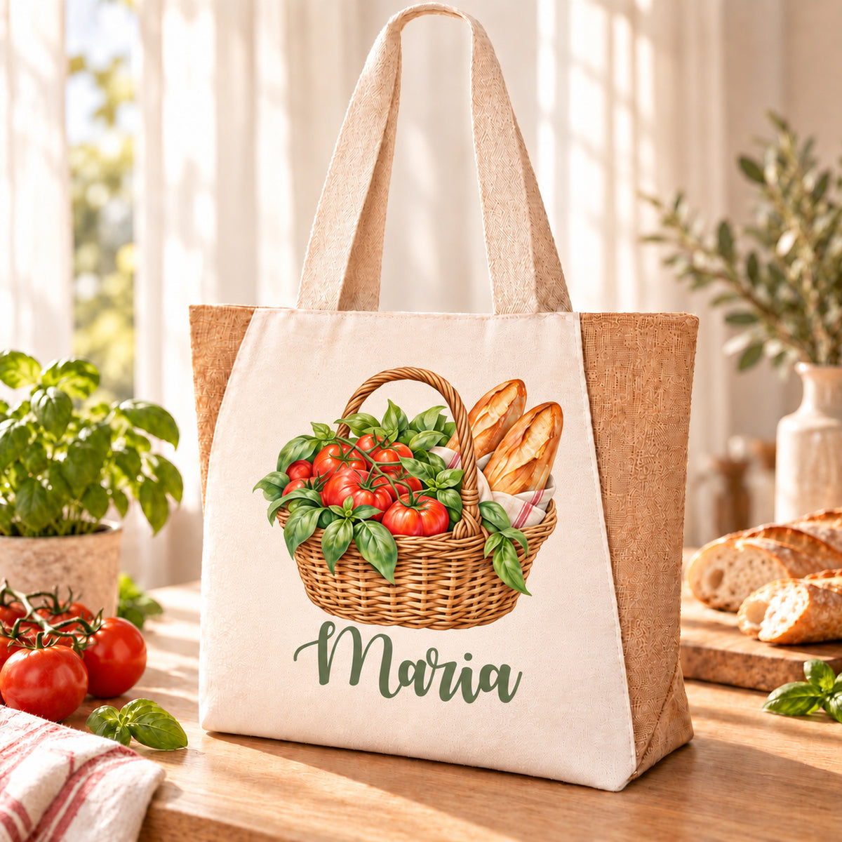 Shopper Sharma mit Tomaten, Basilikum & Baguette und Wunschname – Ansicht des Aquarell-Korbmotivs und des Beispielnamens Maria.