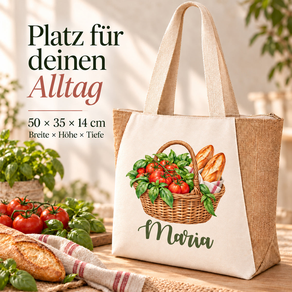Shopper Sharma mit Tomaten, Basilikum & Baguette und Wunschname – Maßübersicht zur Tasche mit 50 × 35 × 14 cm.
