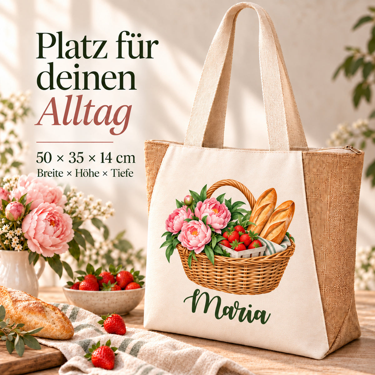 Shopper Sharma mit Erdbeeren, Pfingstrosen & Baguette und Wunschname – Maßübersicht zur Tasche mit 50 × 35 × 14 cm.