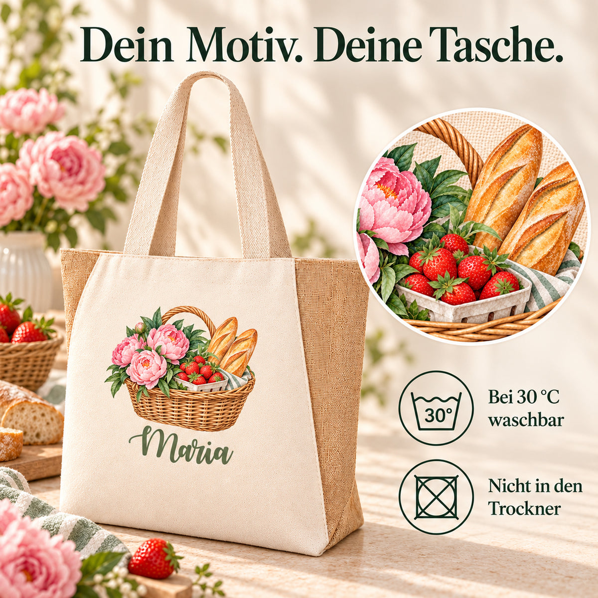 Shopper Sharma mit Erdbeeren, Pfingstrosen & Baguette und Wunschname – Pflegehinweis: bei 30 °C waschbar, nicht im Trockner trocknen.