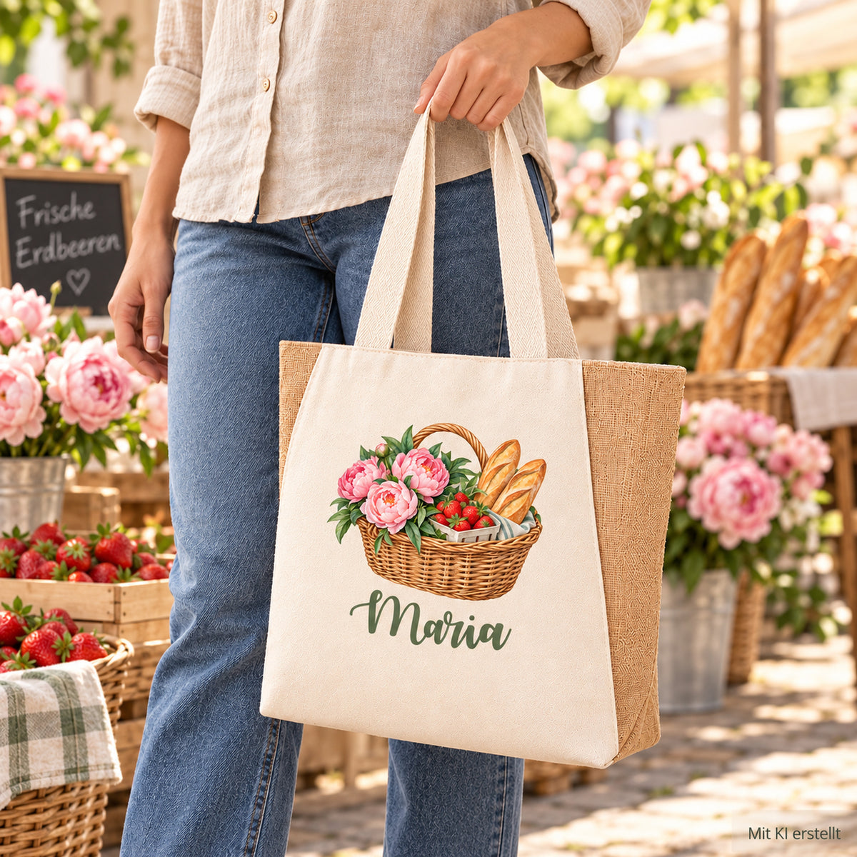 Shopper Sharma mit Erdbeeren, Pfingstrosen & Baguette und Wunschname – Alltagsansicht der personalisierten Markttasche.