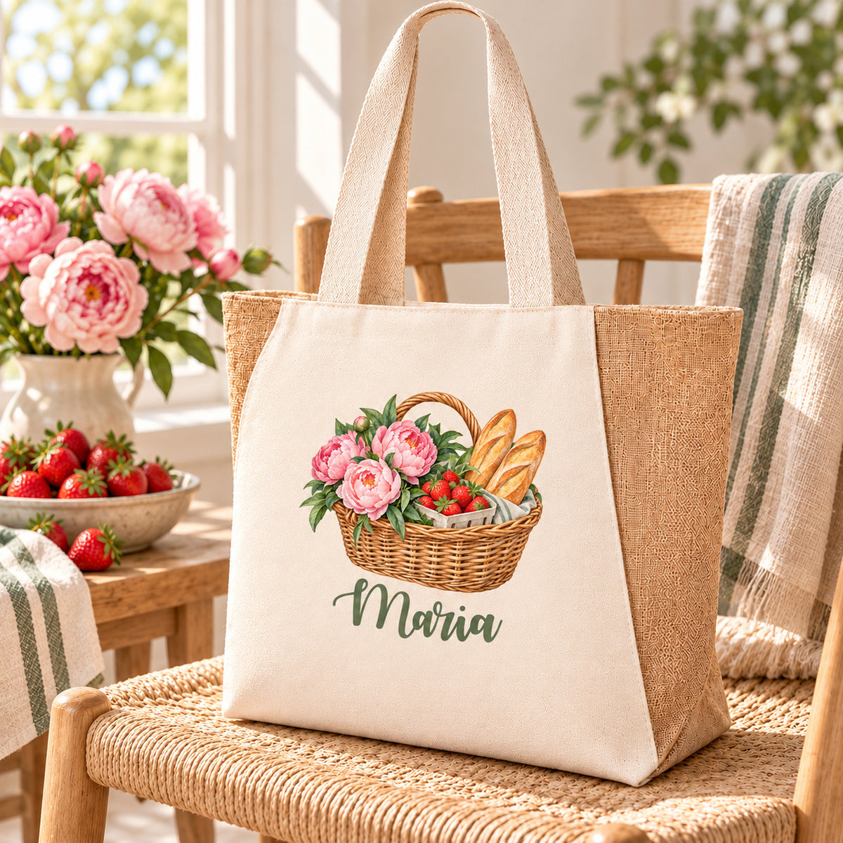 Shopper Sharma mit Erdbeeren, Pfingstrosen & Baguette und Wunschname – Lifestyle-Ansicht der personalisierten Markttasche.