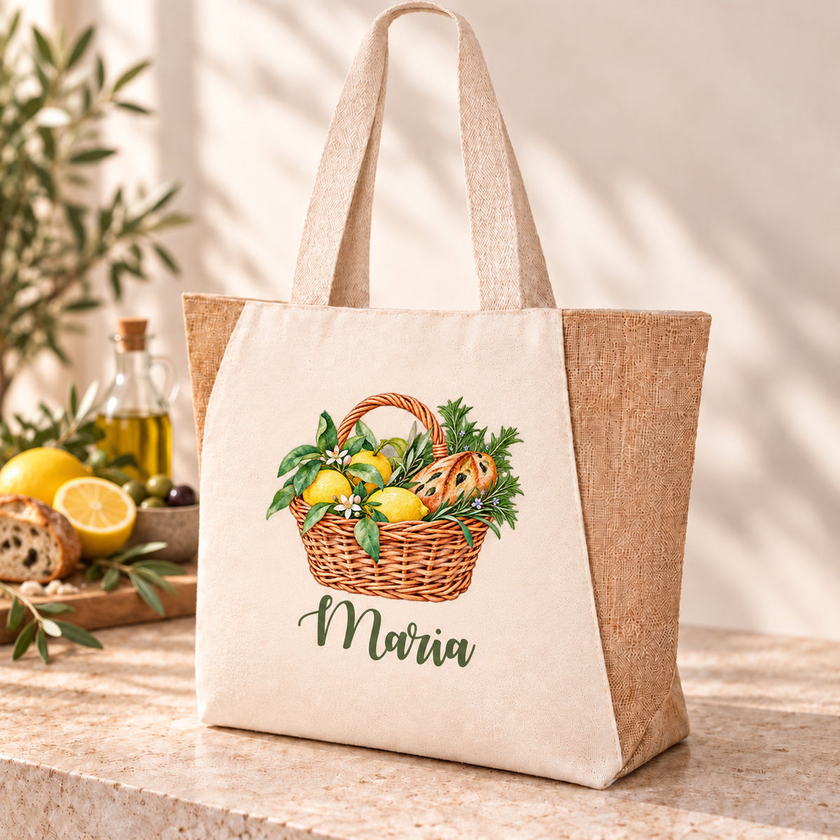 Shopper Sharma mit Zitronen, Rosmarin & Olivenbrot und Wunschname – Produktansicht mit personalisiertem Aquarell-Korbmotiv.