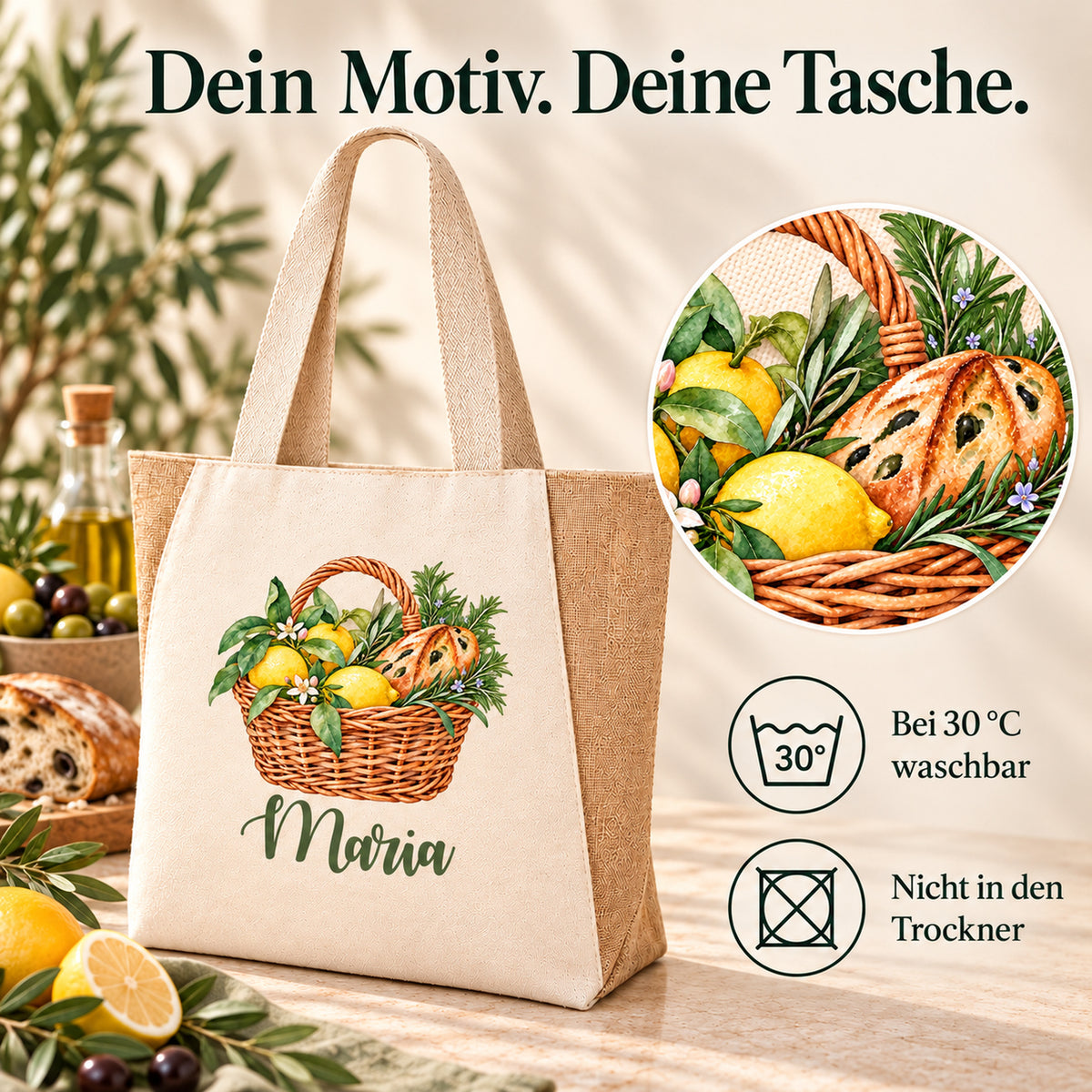 Shopper Sharma mit Zitronen, Rosmarin & Olivenbrot und Wunschname – Pflegehinweis: bei 30 °C waschbar, nicht im Trockner trocknen.