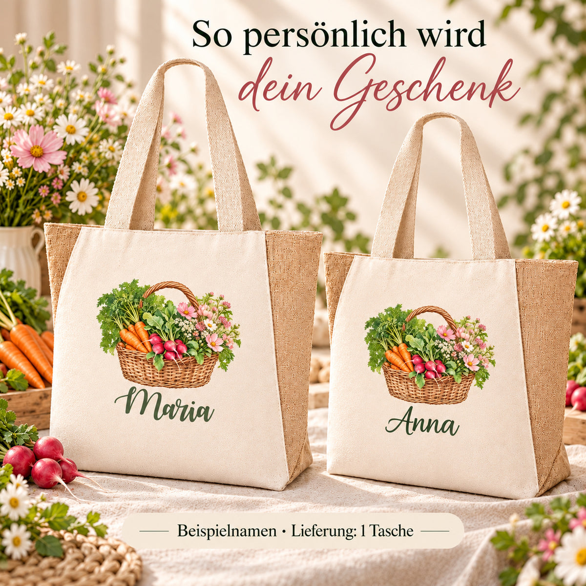 Shopper Sharma mit Radieschen, Möhren & Wiesenblumen und Wunschname – Darstellung des Wunschnamens unter dem Korbmotiv.