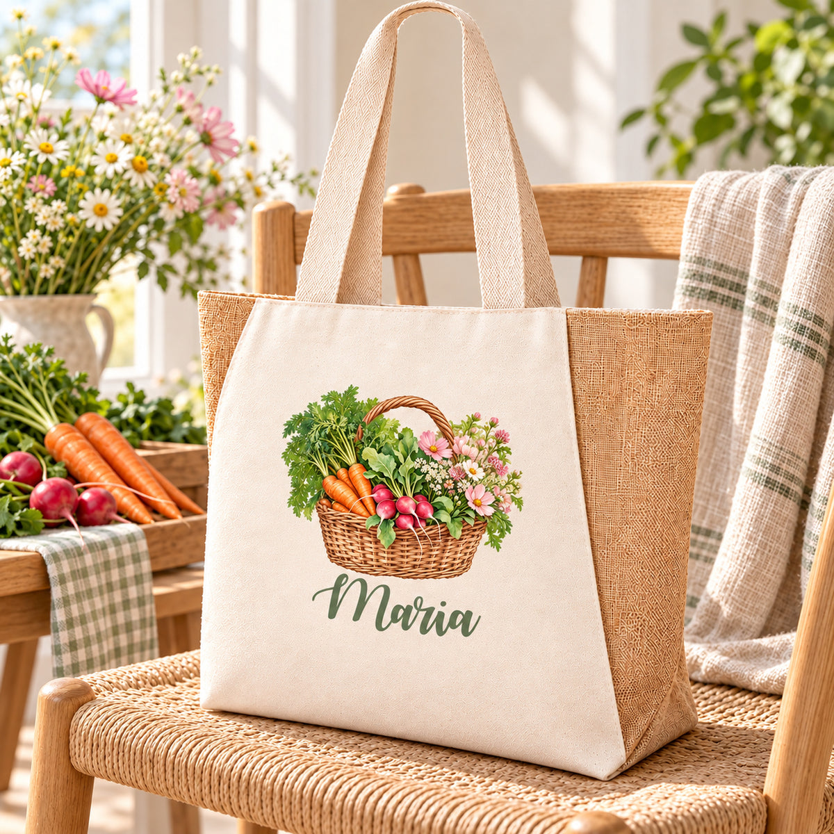 Shopper Sharma mit Radieschen, Möhren & Wiesenblumen und Wunschname – Lifestyle-Ansicht der personalisierten Markttasche.