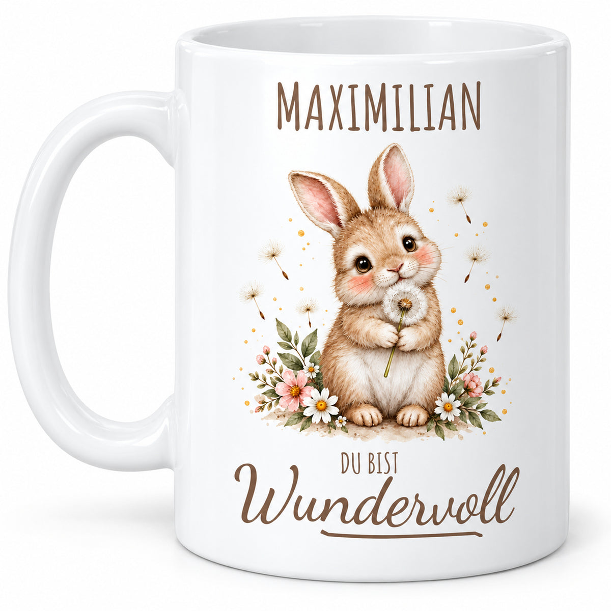 Zweite Druckseite: weiße Hase-Tasse, 330 ml, mit Wunschname und Du bist Wundervoll – Beispielname Maximilian