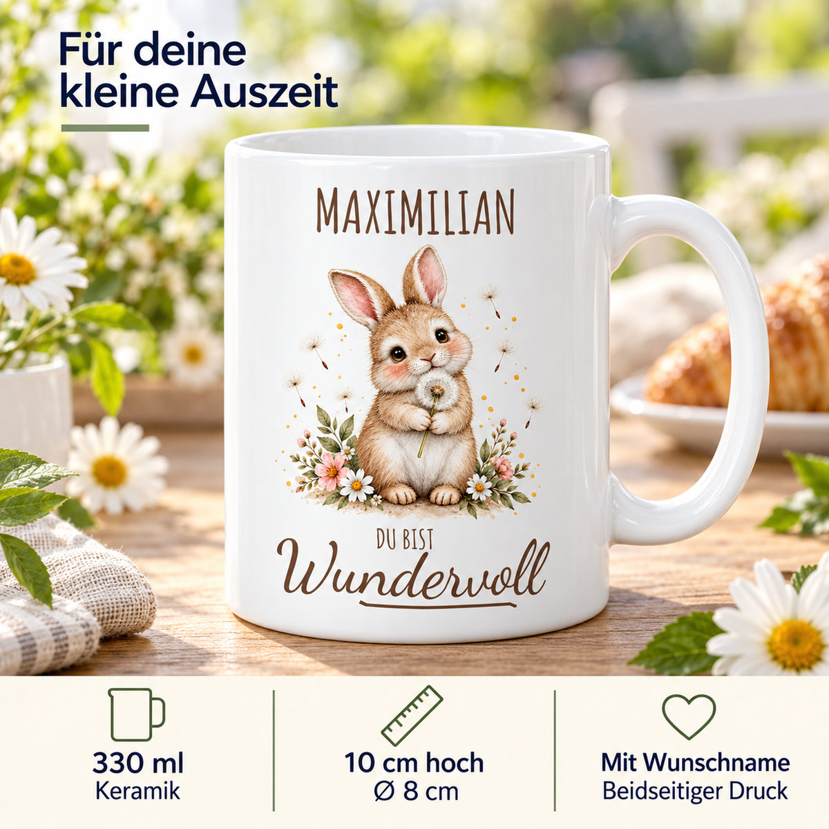 Produktdetails: weiße Hase-Tasse, 330 ml, mit Wunschname und Du bist Wundervoll – Beispielname Maximilian
