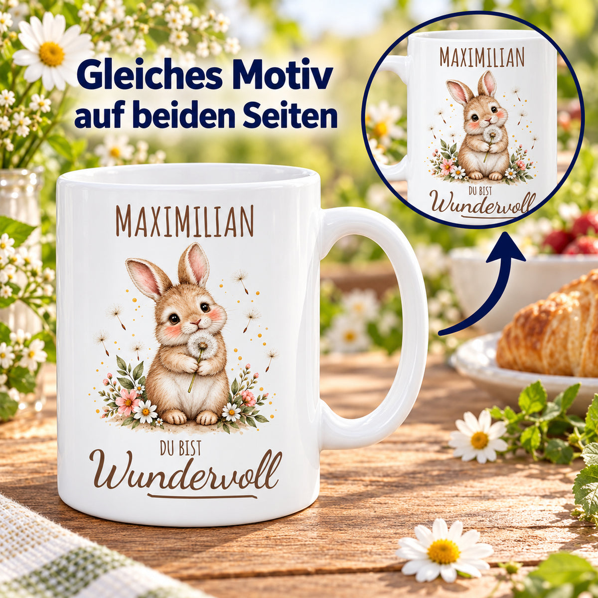 Beidseitiger Druck: weiße Hase-Tasse, 330 ml, mit Wunschname und Du bist Wundervoll – Beispielname Maximilian