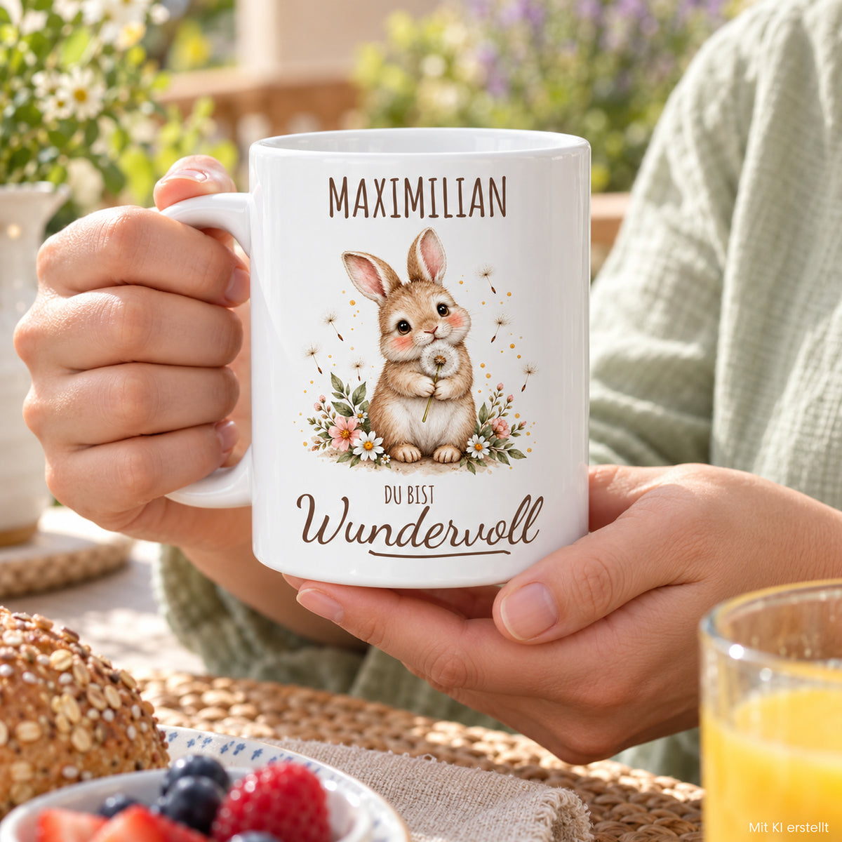 Nutzungsszene: weiße Hase-Tasse, 330 ml, mit Wunschname und Du bist Wundervoll – Beispielname Maximilian