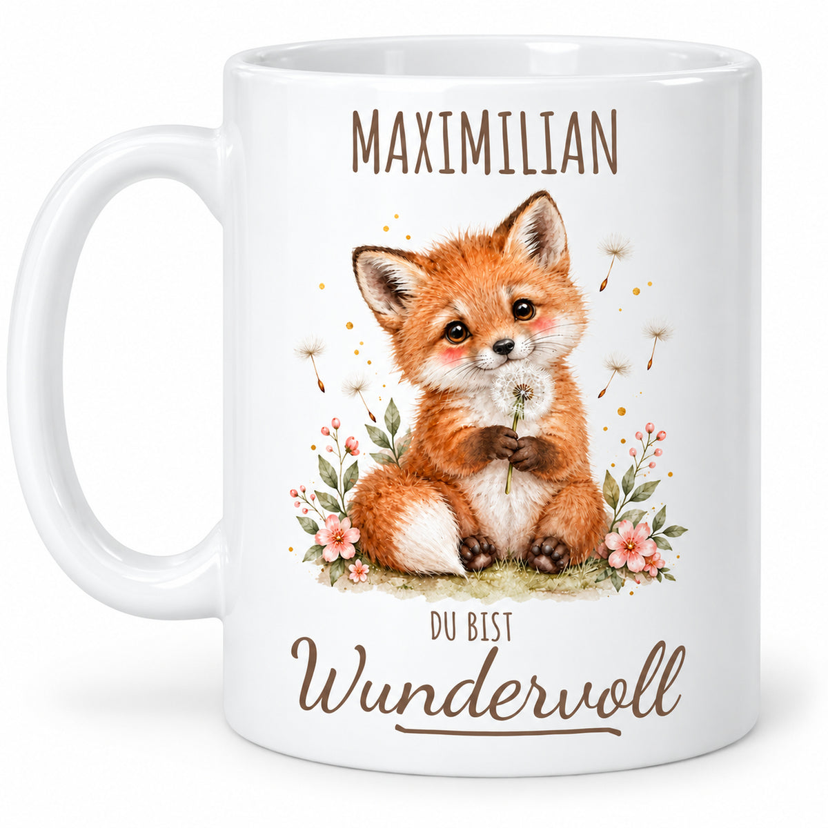 Zweite Druckseite: weiße Fuchs-Tasse, 330 ml, mit Wunschname und Du bist Wundervoll – Beispielname Maximilian