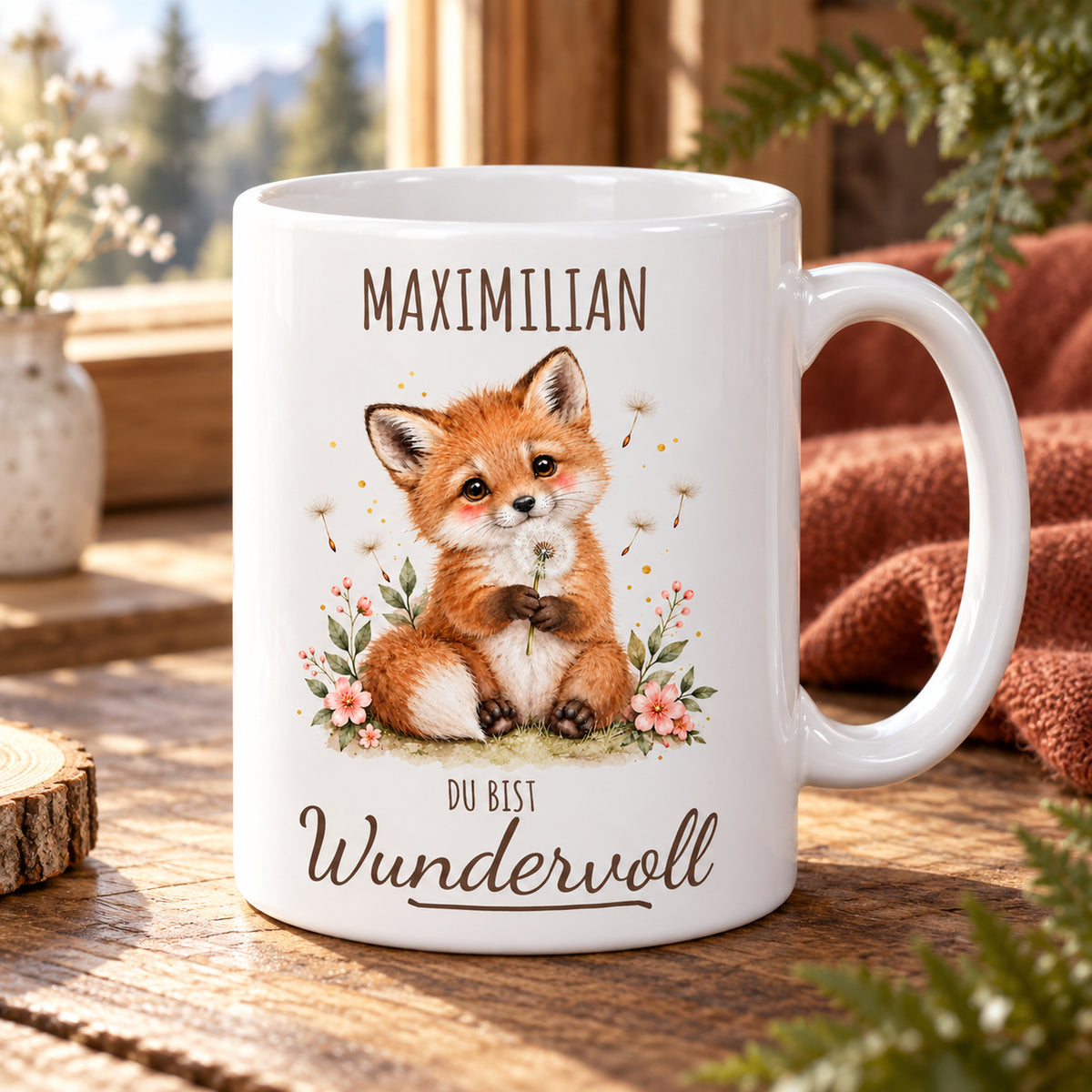 Schrägansicht: weiße Fuchs-Tasse, 330 ml, mit Wunschname und Du bist Wundervoll – Beispielname Maximilian