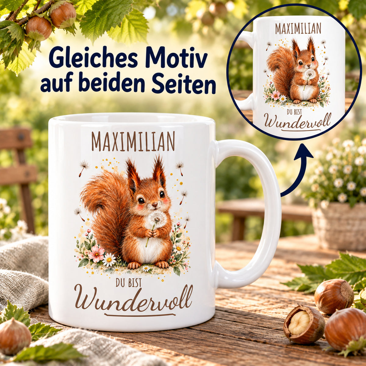 Beidseitiger Druck: weiße Eichhörnchen-Tasse, 330 ml, mit Wunschname und Du bist Wundervoll – Beispielname Maximilian