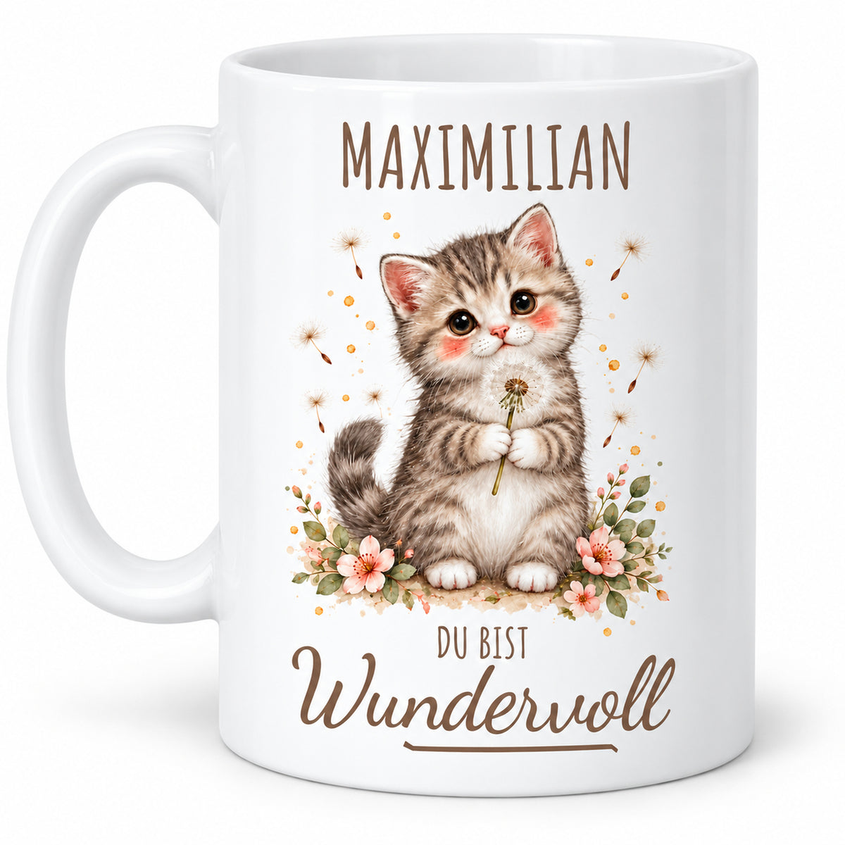 Zweite Druckseite: weiße Kätzchen-Tasse, 330 ml, mit Wunschname und Du bist Wundervoll – Beispielname Maximilian