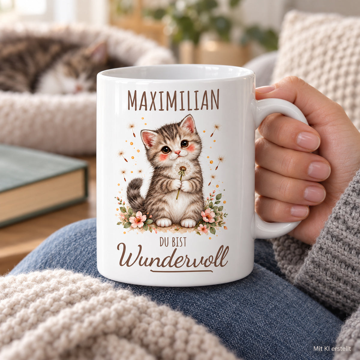 Nutzungsszene: weiße Kätzchen-Tasse, 330 ml, mit Wunschname und Du bist Wundervoll – Beispielname Maximilian