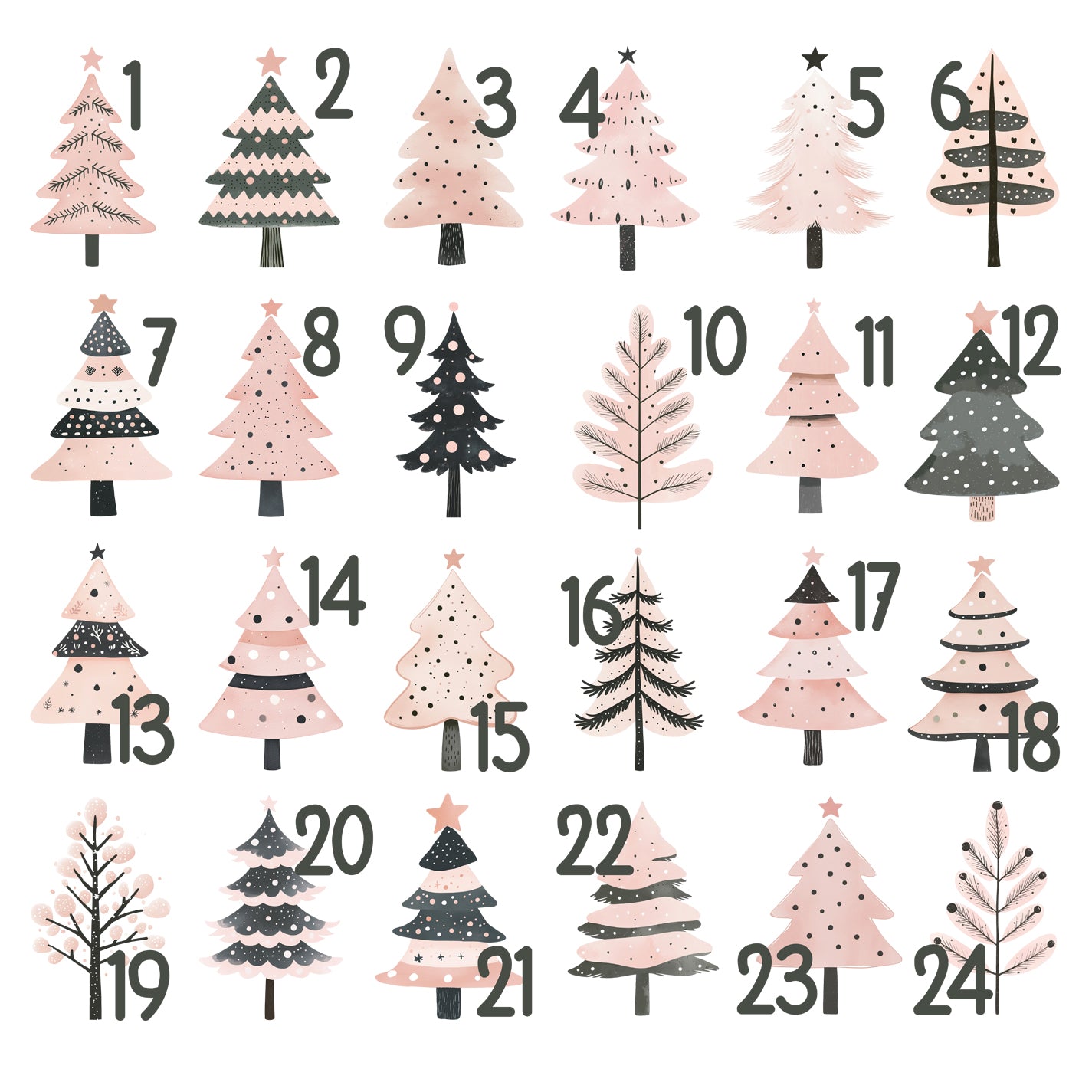 24 Adventskalender-Bügelbilder mit Weihnachtsbäumen und Zahlen 1 bis 24
