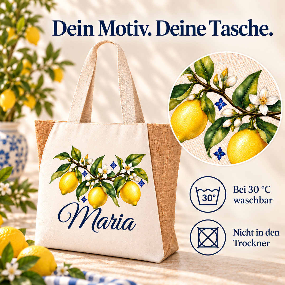 Zitronen-Shopper mit Wunschname und Druckdetail. Pflegehinweise: bei 30 °C waschbar und nicht in den Trockner.
