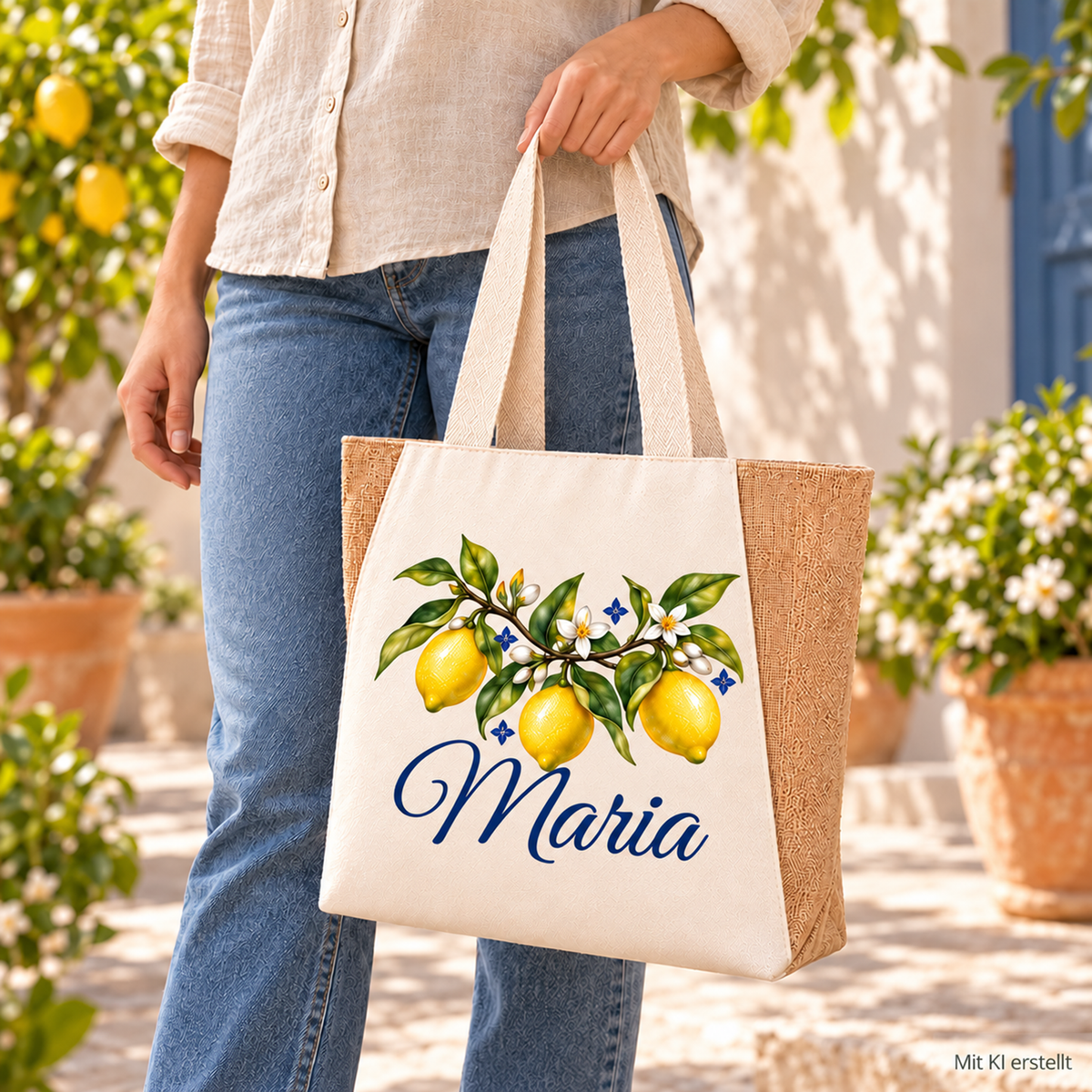Frau in heller Bluse und Jeans mit personalisiertem Zitronen-Shopper. Eingeblendeter Hinweis: Mit KI erstellt.